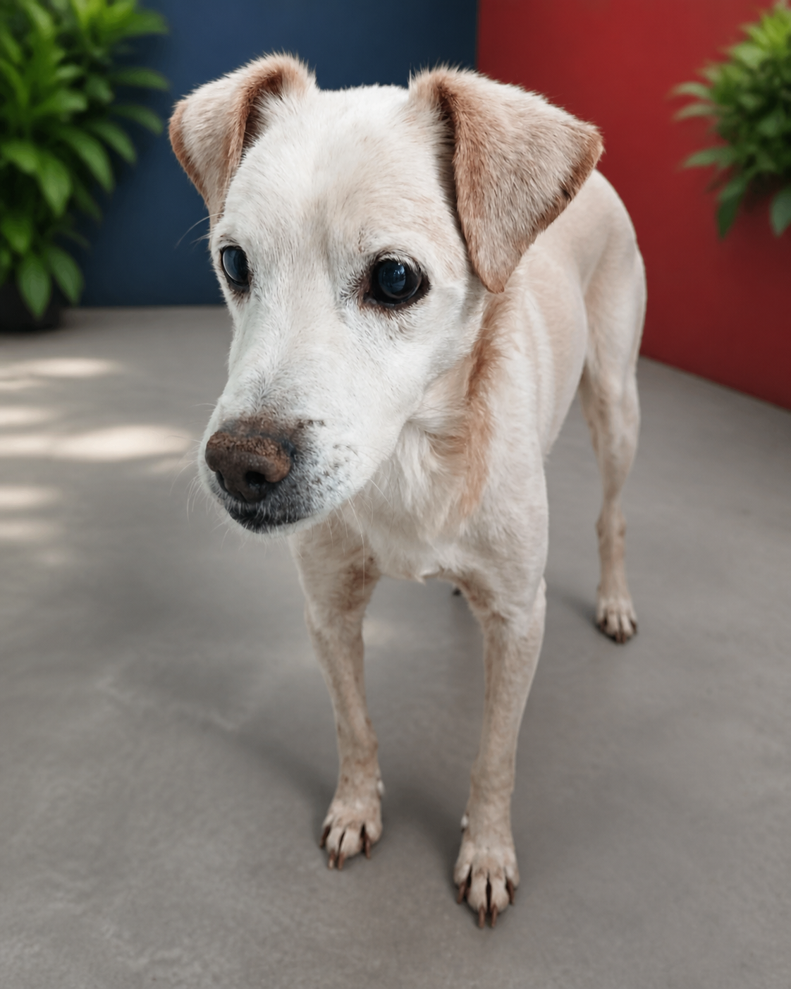 Jake, cão de pelagem clara disponível para adoção